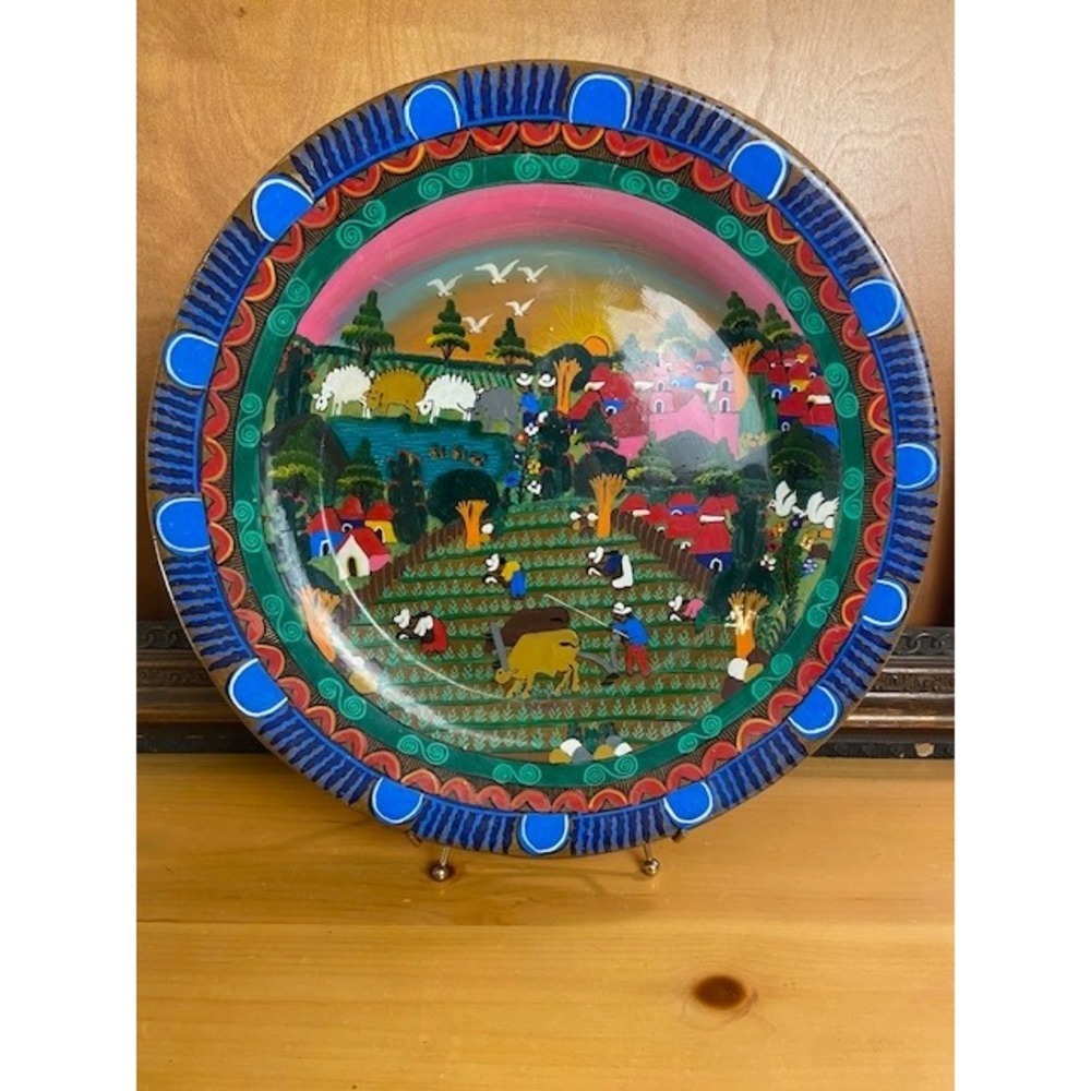 Mexican Folk Art Hand Painted 16" Pottery Plate Village Scene Terracotta Charger